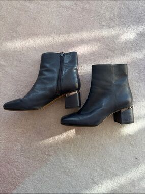 Women's Navy Leather Ankle Boots with Block Heel